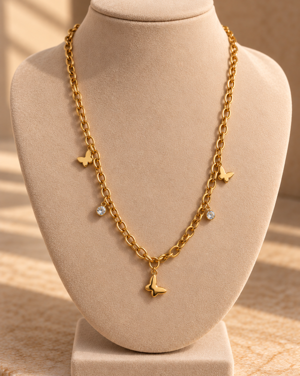 Radiant Butterfly Charm Necklace – Gold Crystal