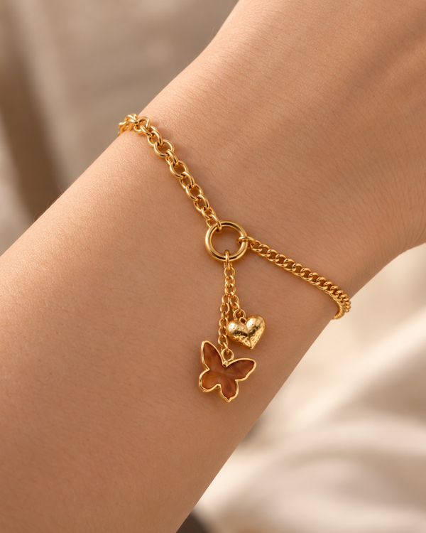 Lustrous Butterfly Heart Bracelet – Amber Gold