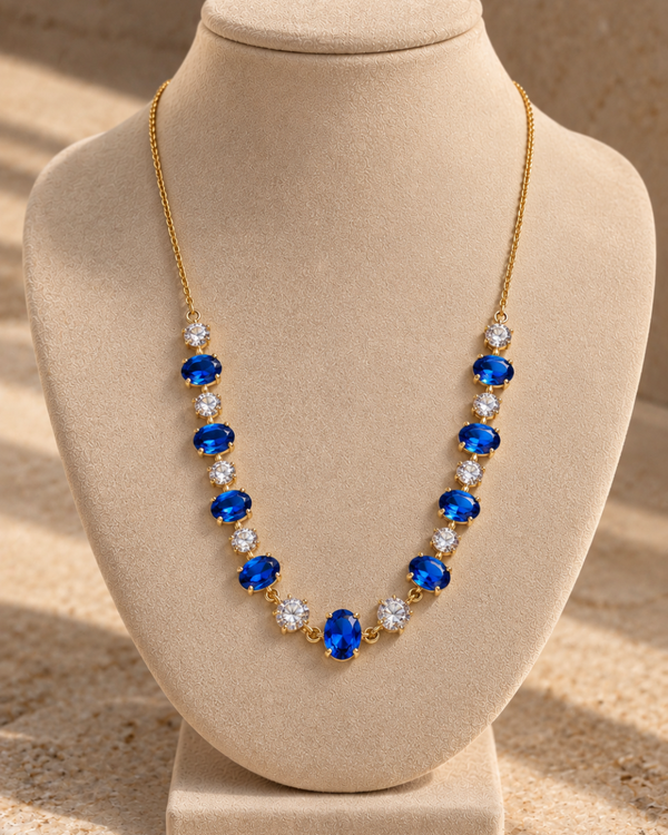 Radiant Sapphire Halo Necklace – Royal Blue
