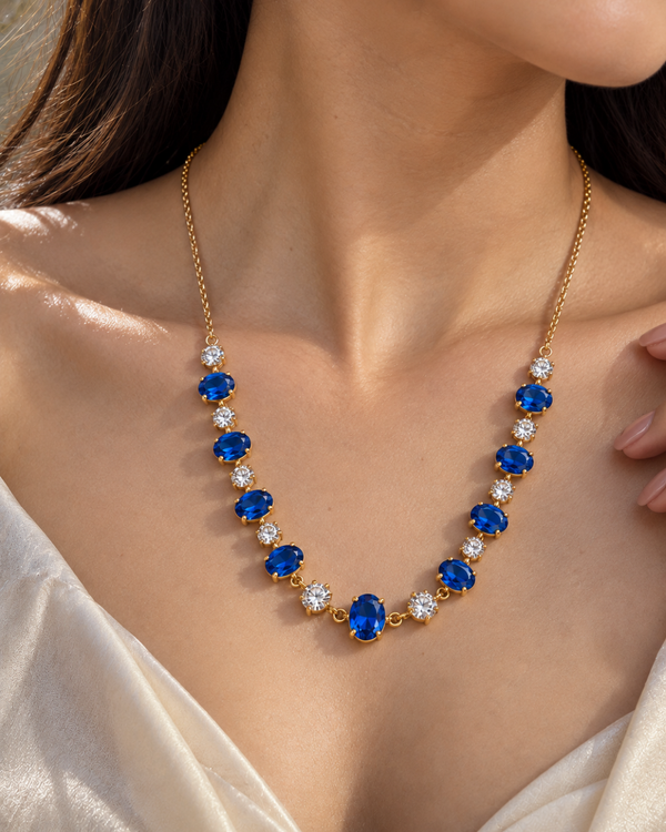 Radiant Sapphire Halo Necklace – Royal Blue