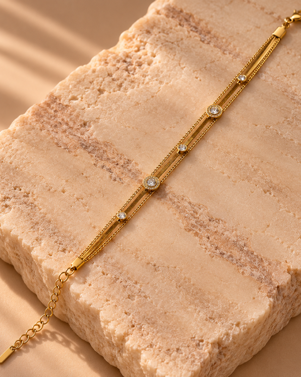 Lustrous Layered Solitaire Bracelet – Gold Crystal