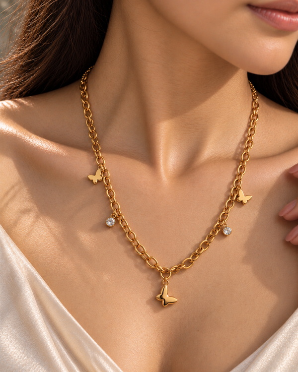 Radiant Butterfly Charm Necklace – Gold Crystal